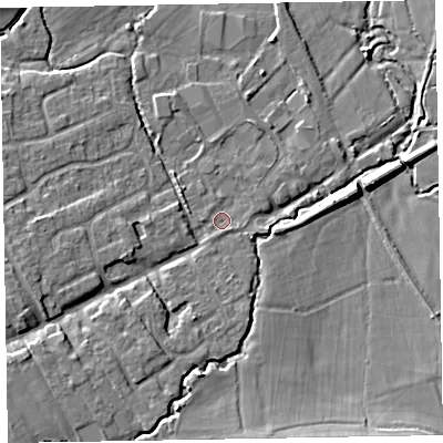 Shaded relief map of the ground around TA44RD, computed from Environment Agency LiDAR. The ground here sits at about 24 m above sea level and falls 11 m across the surrounding 800 m. Surface water reaching this point runs off ground lying to the south, 1.4 m higher.