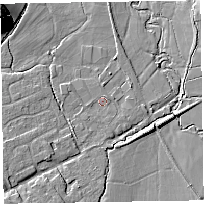 Shaded relief map of the ground around TA44RF, computed from Environment Agency LiDAR. The ground here sits at about 23 m above sea level and falls 25 m across the surrounding 800 m. Surface water reaching this point runs off ground lying to the south-west, 2.6 m higher.