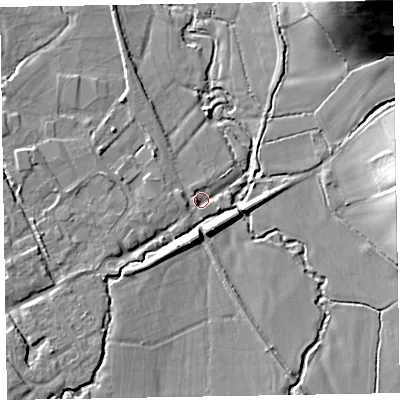 Shaded relief map of the ground around TA44RJ, computed from Environment Agency LiDAR. The ground here sits at about 21 m above sea level and falls 30 m across the surrounding 800 m. Surface water reaching this point runs off ground lying to the west-south-west, 1.4 m higher.