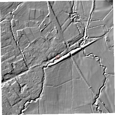 Shaded relief map of the ground around TA44RQ, computed from Environment Agency LiDAR. The ground here sits at about 22 m above sea level and falls 10 m across the surrounding 800 m. Surface water reaching this point runs off ground lying to the south-south-west, 7.0 m higher.