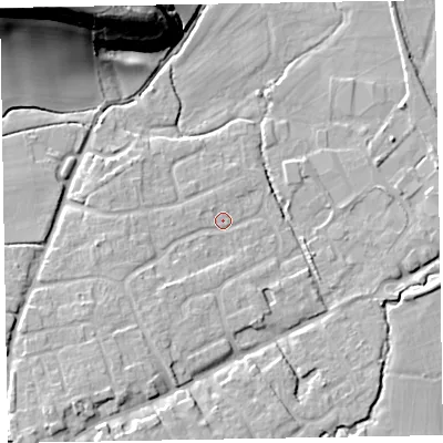 Shaded relief map of the ground around TA44RX, computed from Environment Agency LiDAR. The ground here sits at about 25 m above sea level and falls 35 m across the surrounding 800 m. Surface water reaching this point runs off ground lying to the south-south-west, 4.5 m higher.