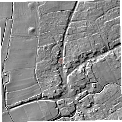 Shaded relief map of the ground around TA44SL, computed from Environment Agency LiDAR. The ground here sits at about 28 m above sea level and falls 12 m across the surrounding 800 m. Surface water reaching this point runs off ground lying to the south-south-west, 6.5 m higher.