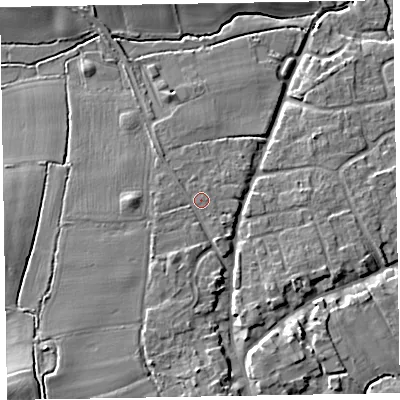 Shaded relief map of the ground around TA44SN, computed from Environment Agency LiDAR. The ground here sits at about 29 m above sea level and falls 14 m across the surrounding 800 m. Surface water reaching this point runs off ground lying to the west-south-west, 1.2 m higher.