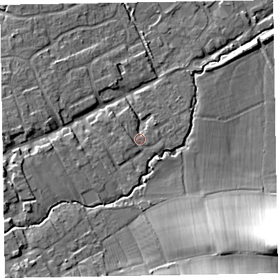 Shaded relief map of the ground around TA44SZ, computed from Environment Agency LiDAR. The ground here sits at about 26 m above sea level and falls 28 m across the surrounding 800 m. Surface water reaching this point runs off ground lying to the south-west, 1.3 m higher.