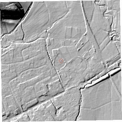 Shaded relief map of the ground around TA44TB, computed from Environment Agency LiDAR. The ground here sits at about 23 m above sea level and falls 36 m across the surrounding 800 m. Surface water reaching this point runs off ground lying to the west-south-west, 1.2 m higher.