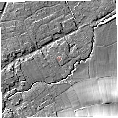 Shaded relief map of the ground around TA44TE, computed from Environment Agency LiDAR. The ground here sits at about 27 m above sea level and falls 22 m across the surrounding 800 m. Surface water reaching this point runs off ground lying to the west-south-west, 0.8 m higher.