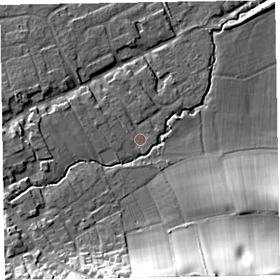Shaded relief map of the ground around TA44TG, computed from Environment Agency LiDAR. The ground here sits at about 27 m above sea level and falls 36 m across the surrounding 800 m. Surface water reaching this point runs off ground lying to the west-north-west, 1.5 m higher.