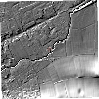 Shaded relief map of the ground around TA44TQ, computed from Environment Agency LiDAR. The ground here sits at about 27 m above sea level and falls 34 m across the surrounding 800 m. Surface water reaching this point runs off ground lying to the south-east, 30.0 m higher.