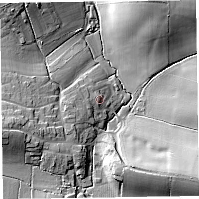 Shaded relief map of the ground around TA51BG, computed from Environment Agency LiDAR. The ground here sits at about 32 m above sea level and falls 25 m across the surrounding 800 m. Surface water reaching this point runs off ground lying to the north-north-west, 2.7 m higher.