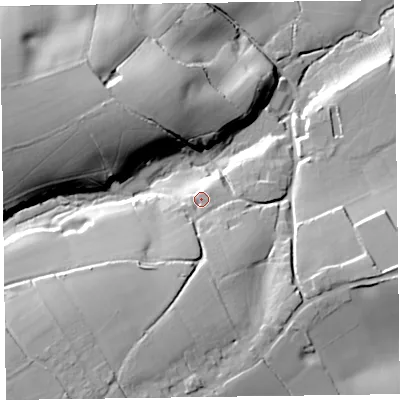Shaded relief map of the ground around TA51DA, computed from Environment Agency LiDAR. The ground here sits at about 66 m above sea level and falls 35 m across the surrounding 800 m. Surface water reaching this point runs off ground lying to the south-south-west, 9.5 m higher.