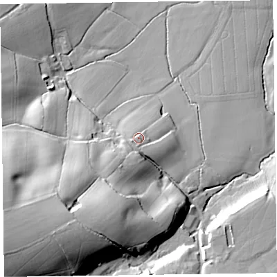 Shaded relief map of the ground around TA51DB, computed from Environment Agency LiDAR. The ground here sits at about 61 m above sea level and falls 40 m across the surrounding 800 m. Surface water reaching this point runs off ground lying to the west-south-west, 3.7 m higher.