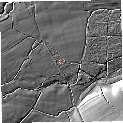 Shaded relief map of the ground around TA51DE, computed from Environment Agency LiDAR. The ground here sits at about 66 m above sea level and falls 17 m across the surrounding 800 m. Surface water reaching this point runs off ground lying to the west-north-west, 1.7 m higher.