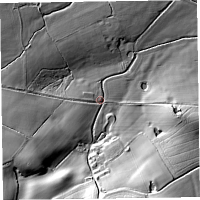 Shaded relief map of the ground around TA51DF, computed from Environment Agency LiDAR. The ground here sits at about 80 m above sea level and falls 41 m across the surrounding 800 m. Surface water reaching this point runs off ground lying to the south, 29.7 m higher.