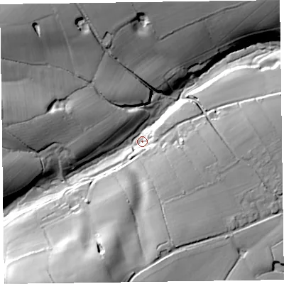 Shaded relief map of the ground around TA51DQ, computed from Environment Agency LiDAR. The ground here sits at about 68 m above sea level and falls 49 m across the surrounding 800 m. Surface water reaching this point runs off ground lying to the south-south-west, 42.9 m higher.