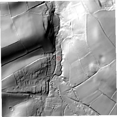 Shaded relief map of the ground around TA51EF, computed from Environment Agency LiDAR. The ground here sits at about 34 m above sea level and falls 73 m across the surrounding 800 m. Surface water reaching this point runs off ground lying to the east, 65.1 m higher.