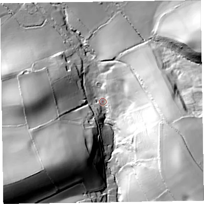 Shaded relief map of the ground around TA51EG, computed from Environment Agency LiDAR. The ground here sits at about 27 m above sea level and falls 80 m across the surrounding 800 m. Surface water reaching this point runs off ground lying to the south-east, 71.2 m higher.