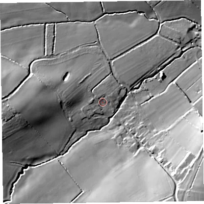 Shaded relief map of the ground around TA51JQ, computed from Environment Agency LiDAR. The ground here sits at about 26 m above sea level and falls 28 m across the surrounding 800 m. Surface water reaching this point runs off ground lying to the west-south-west, 3.6 m higher.