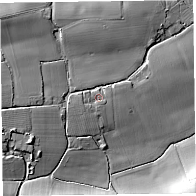 Shaded relief map of the ground around TA51JW, computed from Environment Agency LiDAR. The ground here sits at about 25 m above sea level and falls 18 m across the surrounding 800 m. Surface water reaching this point runs off ground lying to the west-south-west, 2.3 m higher.