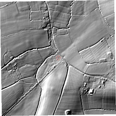 Shaded relief map of the ground around TA51PS, computed from Environment Agency LiDAR. The ground here sits at about 35 m above sea level and falls 15 m across the surrounding 800 m. Surface water reaching this point runs off ground lying to the south, 9.7 m higher.