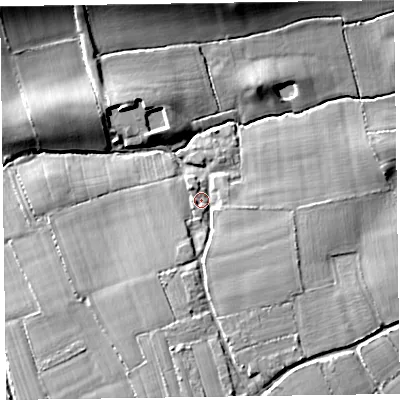 Shaded relief map of the ground around TA51QD, computed from Environment Agency LiDAR. The ground here sits at about 24 m above sea level and falls 11 m across the surrounding 800 m. Surface water reaching this point runs off ground lying to the south, 8.1 m higher.