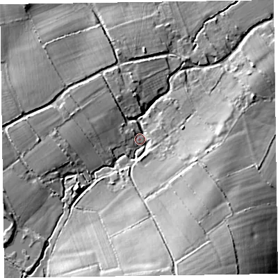 Shaded relief map of the ground around TA51QF, computed from Environment Agency LiDAR. The ground here sits at about 23 m above sea level and falls 22 m across the surrounding 800 m. Surface water reaching this point runs off ground lying to the south-south-east, 18.5 m higher.