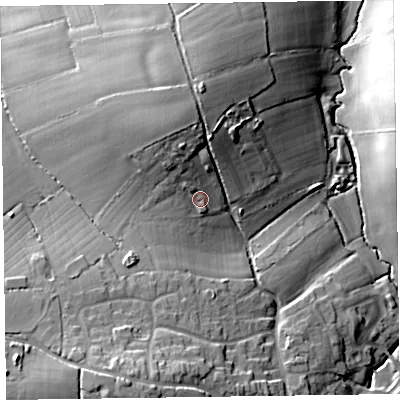 Shaded relief map of the ground around TA51QL, computed from Environment Agency LiDAR. The ground here sits at about 37 m above sea level and falls 23 m across the surrounding 800 m. Surface water reaching this point runs off ground lying to the north-north-west, 8.1 m higher.