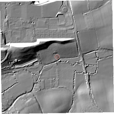 Shaded relief map of the ground around TA51QQ, computed from Environment Agency LiDAR. The ground here sits at about 17 m above sea level and falls 22 m across the surrounding 800 m. Surface water reaching this point runs off ground lying to the west-north-west, 16.5 m higher.