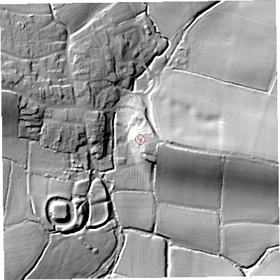 Shaded relief map of the ground around TA51RG, computed from Environment Agency LiDAR. The ground here sits at about 38 m above sea level and falls 23 m across the surrounding 800 m. Surface water reaching this point runs off ground lying to the east, 4.3 m higher.