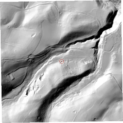 Shaded relief map of the ground around TA51SA, computed from Environment Agency LiDAR. The ground here sits at about 127 m above sea level and falls 99 m across the surrounding 800 m. Surface water reaching this point runs off ground lying to the south, 31.3 m higher.