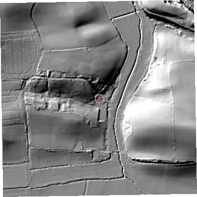 Shaded relief map of the ground around TA51SU, computed from Environment Agency LiDAR. The ground here sits at about 7 m above sea level and falls 30 m across the surrounding 800 m. Surface water reaching this point runs off ground lying to the north-west, 15.6 m higher.
