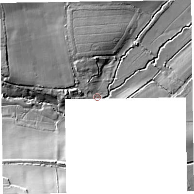 Shaded relief map of the ground around TA51TL, computed from Environment Agency LiDAR. The ground here sits at about 10 m above sea level and falls 30 m across the surrounding 800 m. Surface water reaching this point runs off ground lying to the north-west, 1.5 m higher.