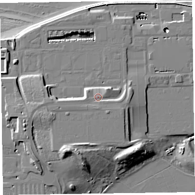 Shaded relief map of the ground around TA51TP, computed from Environment Agency LiDAR. The ground here sits at about 15 m above sea level and falls 32 m across the surrounding 800 m. Surface water reaching this point runs off ground lying to the west, 2.8 m higher.