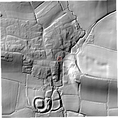 Shaded relief map of the ground around TA51TQ, computed from Environment Agency LiDAR. The ground here sits at about 32 m above sea level and falls 21 m across the surrounding 800 m. Surface water reaching this point runs off ground lying to the west, 14.5 m higher.