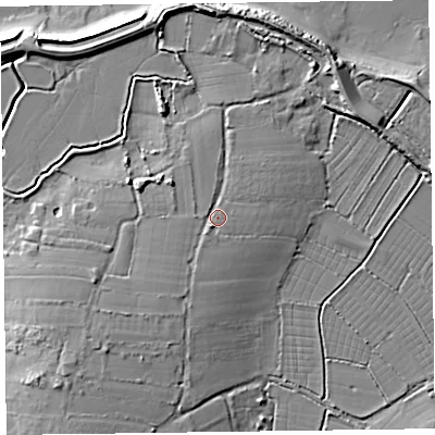 Shaded relief map of the ground around TA51TW, computed from Environment Agency LiDAR. The ground here sits at about 9 m above sea level and falls 12 m across the surrounding 800 m. Surface water reaching this point runs off ground lying to the south-south-west, 2.8 m higher.