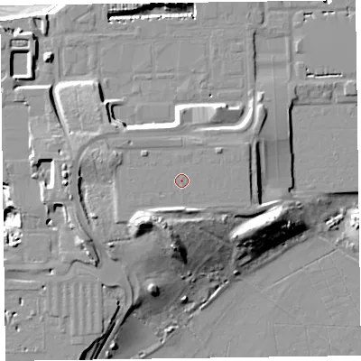 Shaded relief map of the ground around TA51YA, computed from Environment Agency LiDAR. The ground here sits at about 17 m above sea level and falls 20 m across the surrounding 800 m. The ground contributing surface water to this point lies to the south.