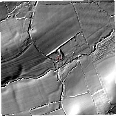 Shaded relief map of the ground around TA52AF, computed from Environment Agency LiDAR. The ground here sits at about 18 m above sea level and falls 22 m across the surrounding 800 m. Surface water reaching this point runs off ground lying to the south-south-east, 13.6 m higher.