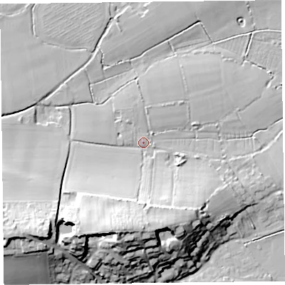 Shaded relief map of the ground around TA52BE, computed from Environment Agency LiDAR. The ground here sits at about 9 m above sea level and falls 32 m across the surrounding 800 m. Surface water reaching this point runs off ground lying to the south-west, 27.4 m higher.