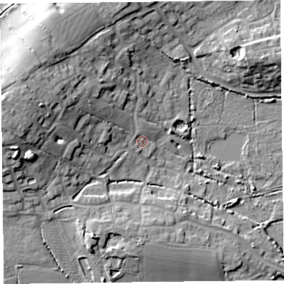 Shaded relief map of the ground around TA52BF, computed from Environment Agency LiDAR. The ground here sits at about 7 m above sea level and falls 16 m across the surrounding 800 m. Surface water reaching this point runs off ground lying to the west-north-west, 1.4 m higher.