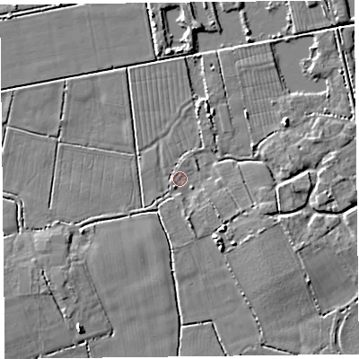 Shaded relief map of the ground around TA52BG, computed from Environment Agency LiDAR. The ground here sits at about 6 m above sea level and falls 4 m across the surrounding 800 m. Surface water reaching this point runs off ground lying to the south, 2.3 m higher.