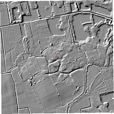 Shaded relief map of the ground around TA52BH, computed from Environment Agency LiDAR. The ground here sits at about 7 m above sea level and falls 5 m across the surrounding 800 m. Surface water reaching this point runs off ground lying to the south-east, 2.6 m higher.