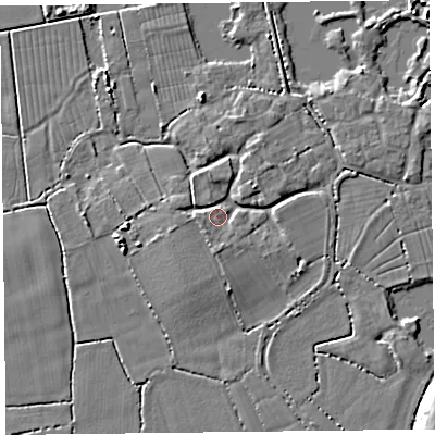 Shaded relief map of the ground around TA52BJ, computed from Environment Agency LiDAR. The ground here sits at about 7 m above sea level and falls 7 m across the surrounding 800 m. Surface water reaching this point runs off ground lying to the south, 3.0 m higher.