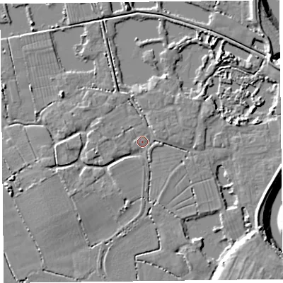 Shaded relief map of the ground around TA52BN, computed from Environment Agency LiDAR. The ground here sits at about 7 m above sea level and falls 11 m across the surrounding 800 m. Surface water reaching this point runs off ground lying to the south-east, 7.1 m higher.