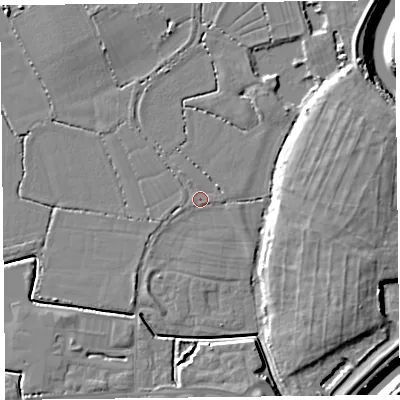 Shaded relief map of the ground around TA52BS, computed from Environment Agency LiDAR. The ground here sits at about 7 m above sea level and falls 11 m across the surrounding 800 m. Surface water reaching this point runs off ground lying to the south-south-east, 0.7 m higher.