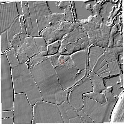 Shaded relief map of the ground around TA52BT, computed from Environment Agency LiDAR. The ground here sits at about 7 m above sea level and falls 8 m across the surrounding 800 m. Surface water reaching this point runs off ground lying to the south-west, 1.2 m higher.