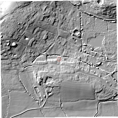 Shaded relief map of the ground around TA52BX, computed from Environment Agency LiDAR. The ground here sits at about 7 m above sea level and falls 17 m across the surrounding 800 m. Surface water reaching this point runs off ground lying to the south, 4.9 m higher.