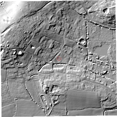 Shaded relief map of the ground around TA52BZ, computed from Environment Agency LiDAR. The ground here sits at about 7 m above sea level and falls 16 m across the surrounding 800 m. Surface water reaching this point runs off ground lying to the west-north-west, 10.2 m higher.