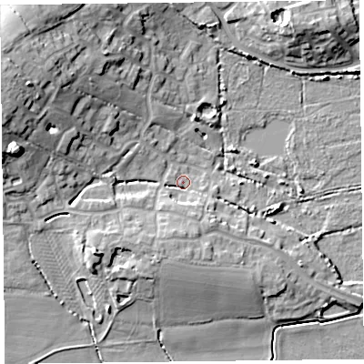 Shaded relief map of the ground around TA52DB, computed from Environment Agency LiDAR. The ground here sits at about 6 m above sea level and falls 17 m across the surrounding 800 m. Surface water reaching this point runs off ground lying to the south-south-east, 4.7 m higher.