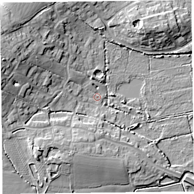Shaded relief map of the ground around TA52EU, computed from Environment Agency LiDAR. The ground here sits at about 6 m above sea level and falls 17 m across the surrounding 800 m. Surface water reaching this point runs off ground lying to the west-north-west, 14.5 m higher.