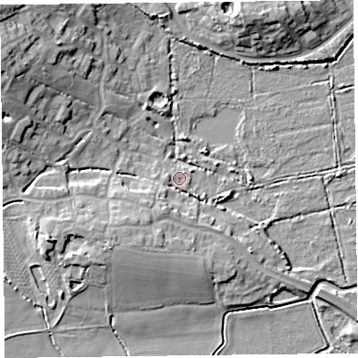 Shaded relief map of the ground around TA52EX, computed from Environment Agency LiDAR. The ground here sits at about 6 m above sea level and falls 15 m across the surrounding 800 m. Surface water reaching this point runs off ground lying to the south-south-west, 5.1 m higher.