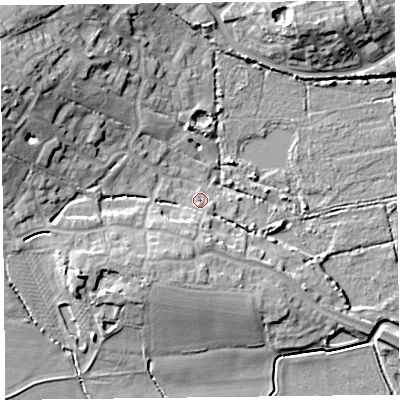 Shaded relief map of the ground around TA52EY, computed from Environment Agency LiDAR. The ground here sits at about 6 m above sea level and falls 17 m across the surrounding 800 m. Surface water reaching this point runs off ground lying to the south, 4.4 m higher.